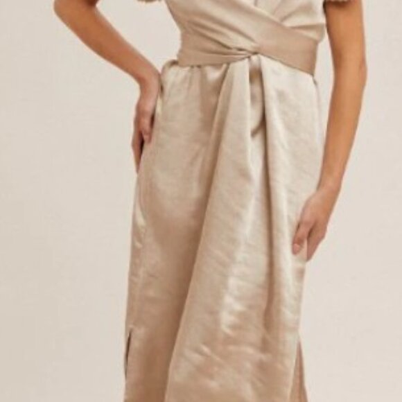 Champagne Hem & Thread V-Neck Satin Wrap Midi Dress - NWT - Picture 7 of 8